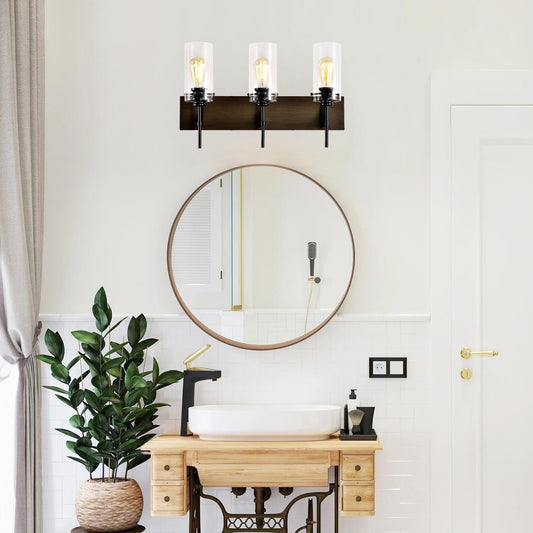 3-Light Matte Black + Wood Color Bathroom Light Fixtures, Modern Vanity Lights with  Glass Shade, Vintage  Light Fixture Bathroom Over Mirror Wall Lights for Kitchen Dinning Room Bedroom Hallway