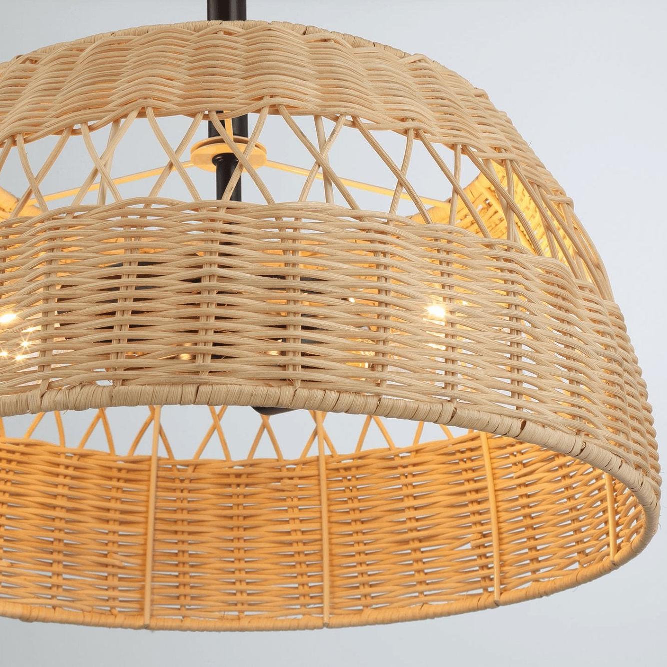 Twinkle Double Lights Semi Flush with Rattan Shade Black Metal Finish for Farmhouse Style Decor 12.6"H x 15"W x 15"D