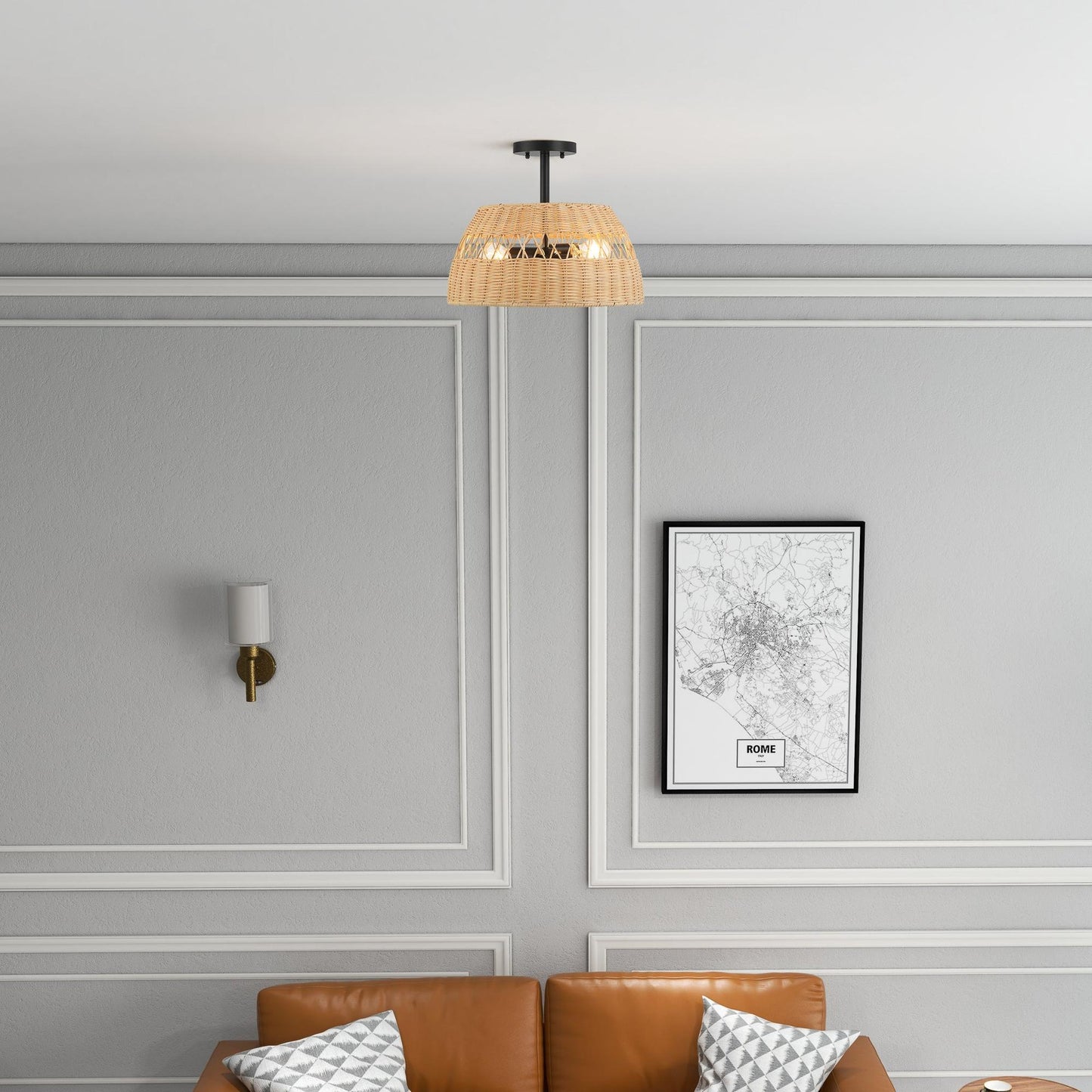 Twinkle Double Lights Semi Flush with Rattan Shade Black Metal Finish for Farmhouse Style Decor 12.6"H x 15"W x 15"D