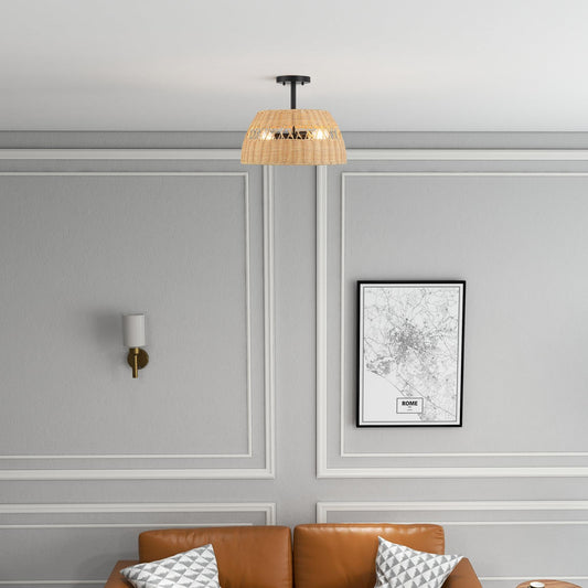 Twinkle Double Lights Semi Flush with Rattan Shade Black Metal Finish for Farmhouse Style Decor 12.6"H x 15"W x 15"D