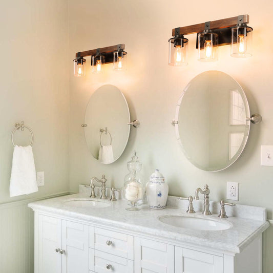 19" Rustic 3-Light Vanity Light, Industrial Bathroom Wall Sconce with Glass Shades and Wood Accent, Modern Farmhouse Lighting Fixture (No Bulbs)
