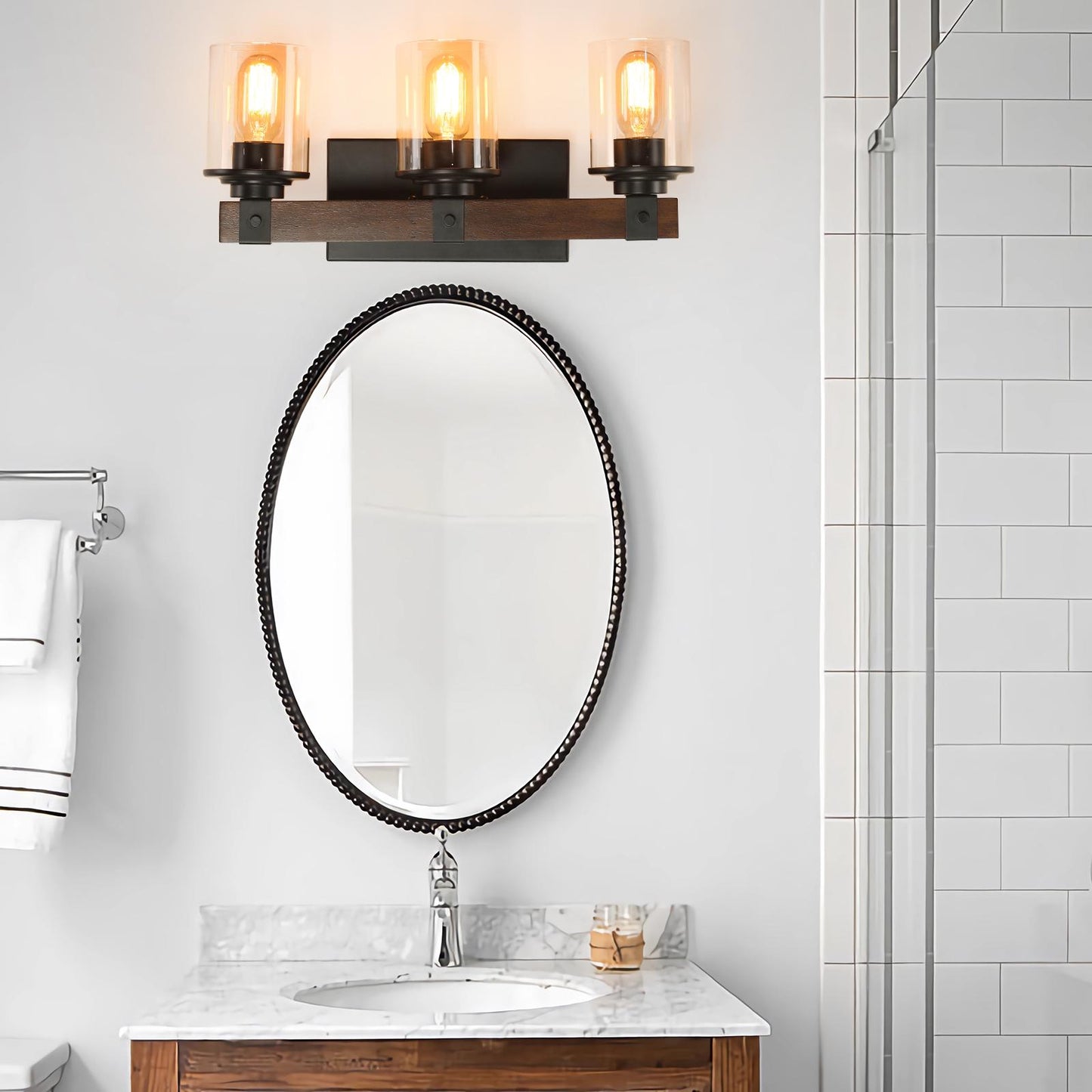 19" Rustic 3-Light Vanity Light, Industrial Bathroom Wall Sconce with Glass Shades and Wood Accent, Modern Farmhouse Lighting Fixture (No Bulbs)