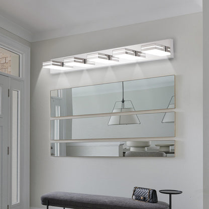 Modern Chrome LED Vanity Light, 5-Lights Wall Sconce for Bathroom and Mirror, Sleek Minimalist Design, Energy-Efficient, Easy to Install