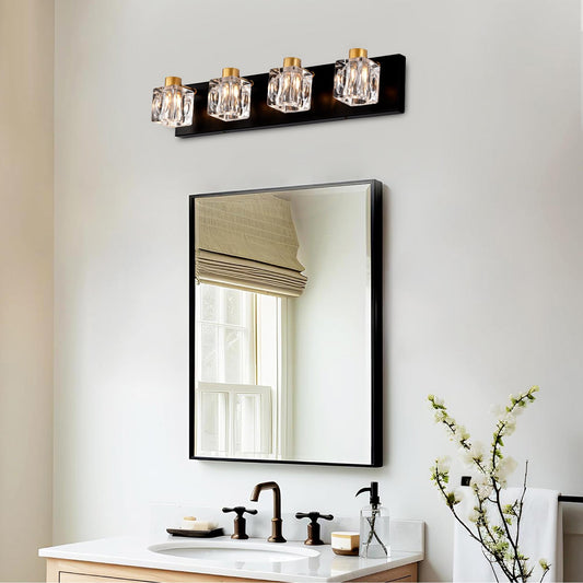 4-Light Matte Black + Gold Bathroom Light Fixtures, Modern Vanity Lights with Crystal Glass Shade, Vintage  Light Fixture Bathroom Over Mirror Wall Lights for Kitchen Dinning Room Bedroom Hallway