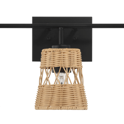Moonlit Three Lights Wall Sconce With Rattan Shade, Bathroom Lighting Fixtures Over Mirror