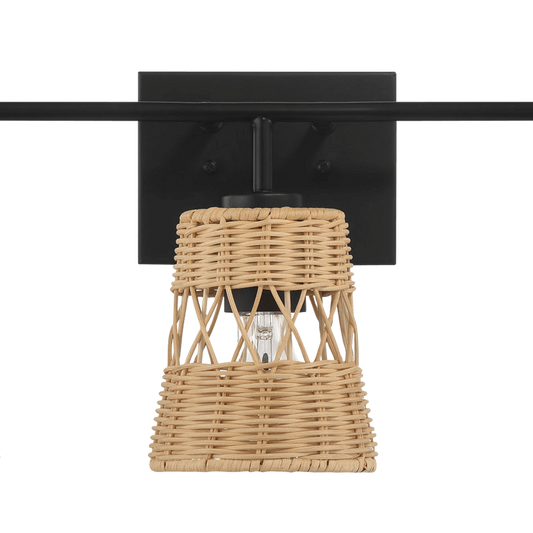 Moonlit Three Lights Wall Sconce With Rattan Shade, Bathroom Lighting Fixtures Over Mirror