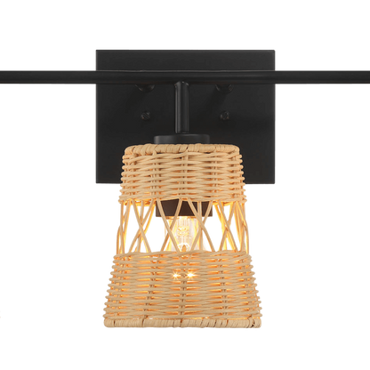 Moonlit Three Lights Wall Sconce With Rattan Shade, Bathroom Lighting Fixtures Over Mirror