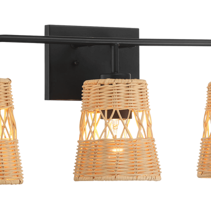 Moonlit Three Lights Wall Sconce With Rattan Shade, Bathroom Lighting Fixtures Over Mirror