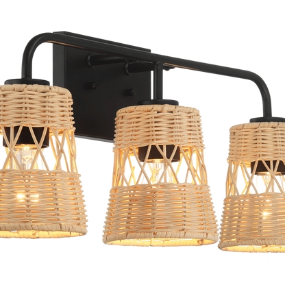 Moonlit Three Lights Wall Sconce With Rattan Shade, Bathroom Lighting Fixtures Over Mirror