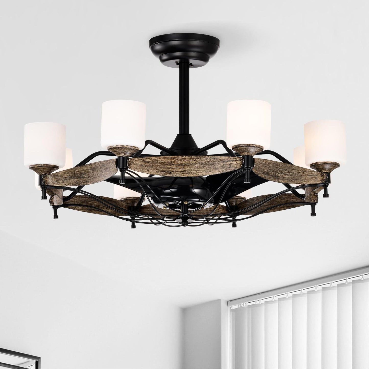 Dia 33 inch Chandelier Ceiling Fan for Bedroom Dining Room Living Room Kitchen Farmhouse Entry,Matte Black+  Wood Grain
