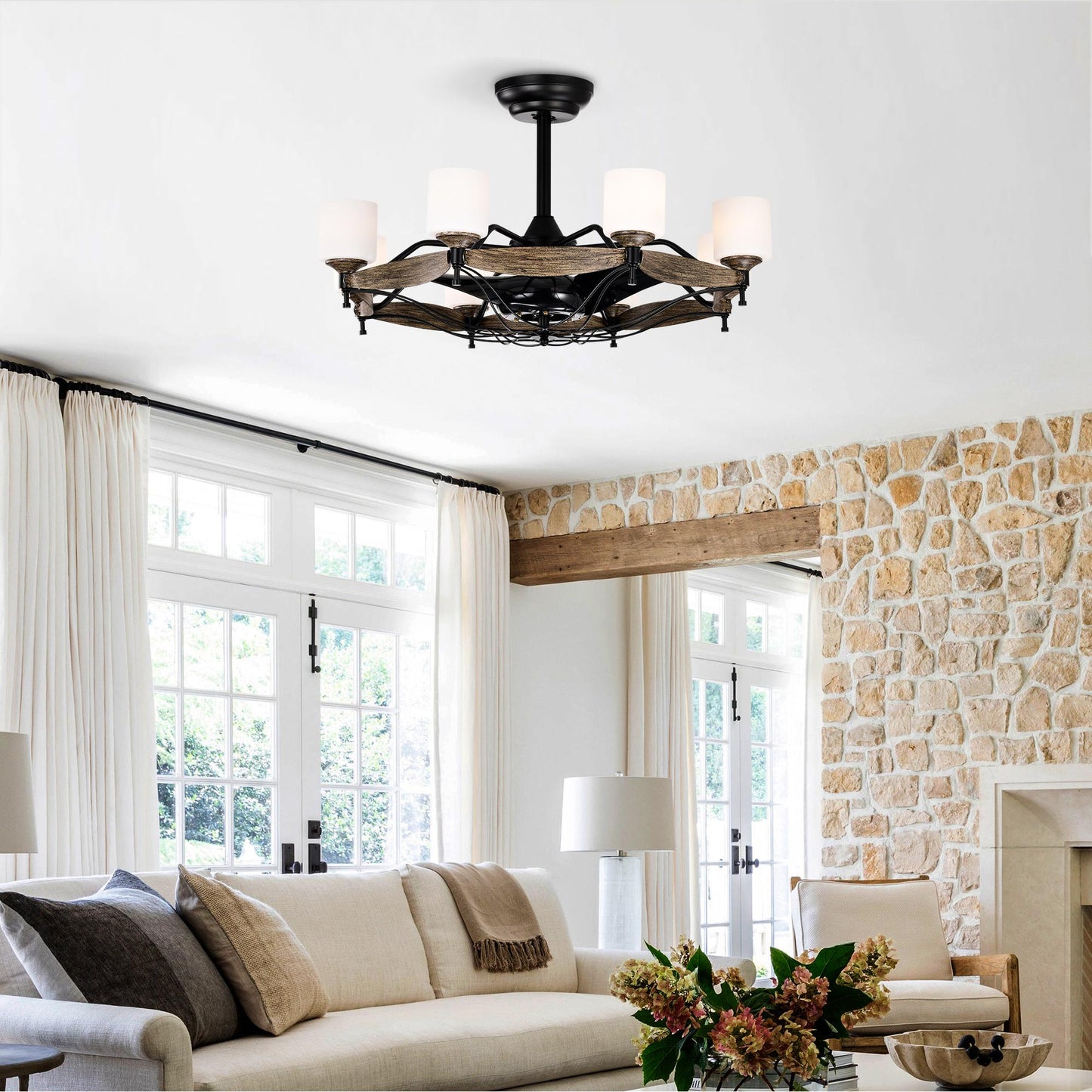 Dia 33 inch Chandelier Ceiling Fan for Bedroom Dining Room Living Room Kitchen Farmhouse Entry,Matte Black+  Wood Grain