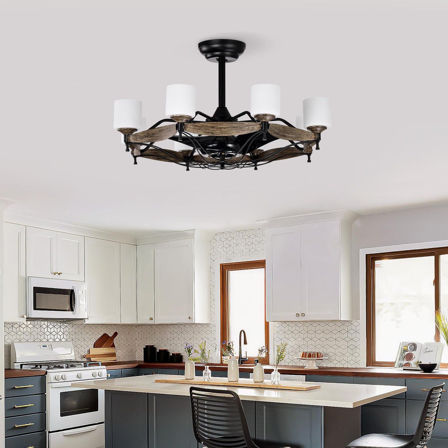 Dia 33 inch Chandelier Ceiling Fan for Bedroom Dining Room Living Room Kitchen Farmhouse Entry,Matte Black+  Wood Grain