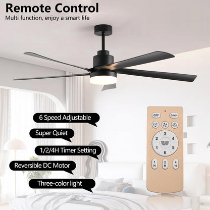 65 Inch Black Ceiling Fan with Light, 5-Blade Dimmable LED Ceiling Fan with Remote Control, Modern Quiet Design for Living Room and Bedroom (Silent/6-Speed/Reversible/DC Motor)