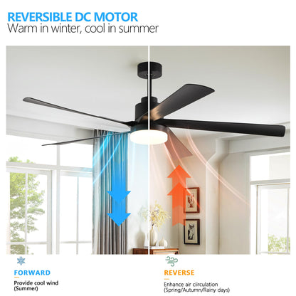65 Inch Black Ceiling Fan with Light, 5-Blade Dimmable LED Ceiling Fan with Remote Control, Modern Quiet Design for Living Room and Bedroom (Silent/6-Speed/Reversible/DC Motor)