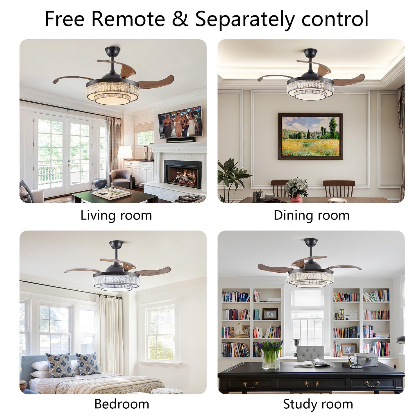 48" Contemporary Crystal LED Retractable Ceiling Fan with Light and Remote Control, 6-Speed Quiet Reversible DC Motor,4 Blades Modern Ceiling Fans for Kitchen Bedroom Dining Room Patio