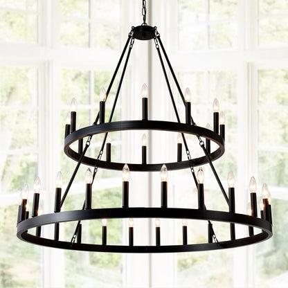 2 Tiers Wagon Wheel Chandelier Wooden Farmhouse 36-Light(24+12) or (12+24 ), Black Metal Chandeliers 2-Story  Light Fixtures Industrial for High Ceiling Living Dining Room Foyer. Adjustable Height