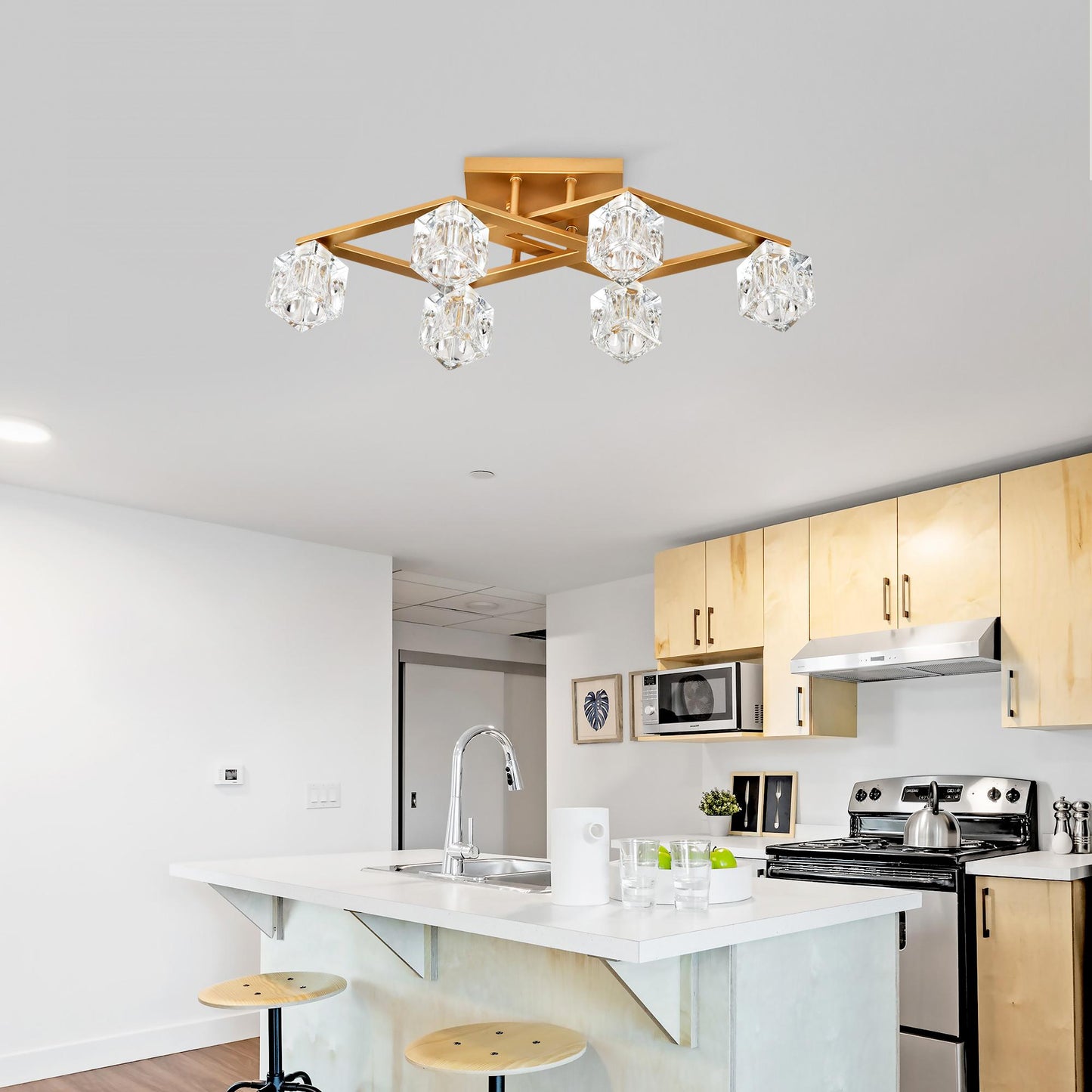 6-Light  Crystal  Ceiling Light for Dining Room, Modern Ceiling Lamp with  Light Fixture For  Entryway, Lobby, Kitchen, Bedroom, Living Room, Conference Room, (6*G9 Bulbs Included)--Gold