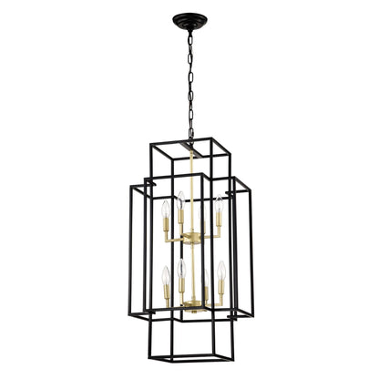 8-Light Metal Lantern Tiered Pendant Hanging Light Fixtures, Industrial Farmhouse Adjustable Height  Chandeliers for Dining Room Hallway Foyer Entryway--Matte Black & Gold(E12 Bulbs Not Included)
