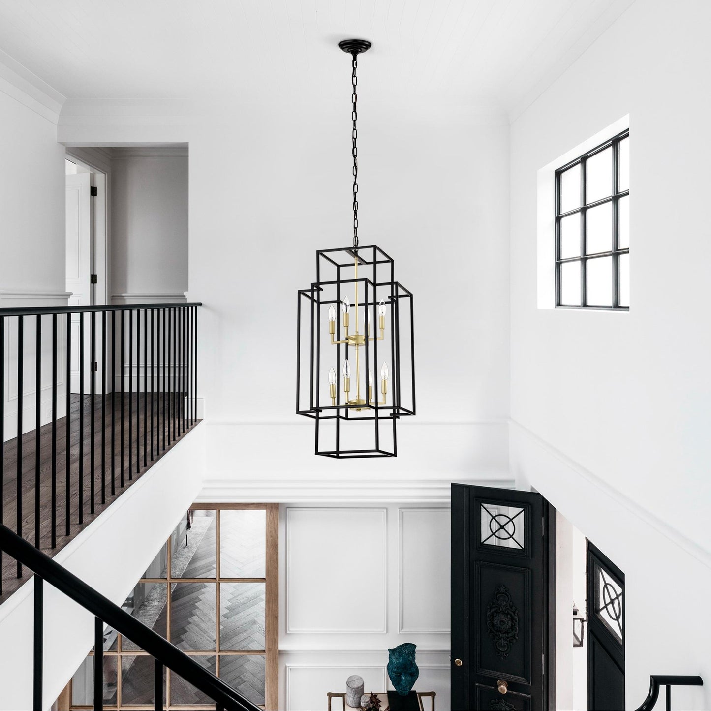 8-Light Metal Lantern Tiered Pendant Hanging Light Fixtures, Industrial Farmhouse Adjustable Height  Chandeliers for Dining Room Hallway Foyer Entryway--Matte Black & Gold(E12 Bulbs Not Included)