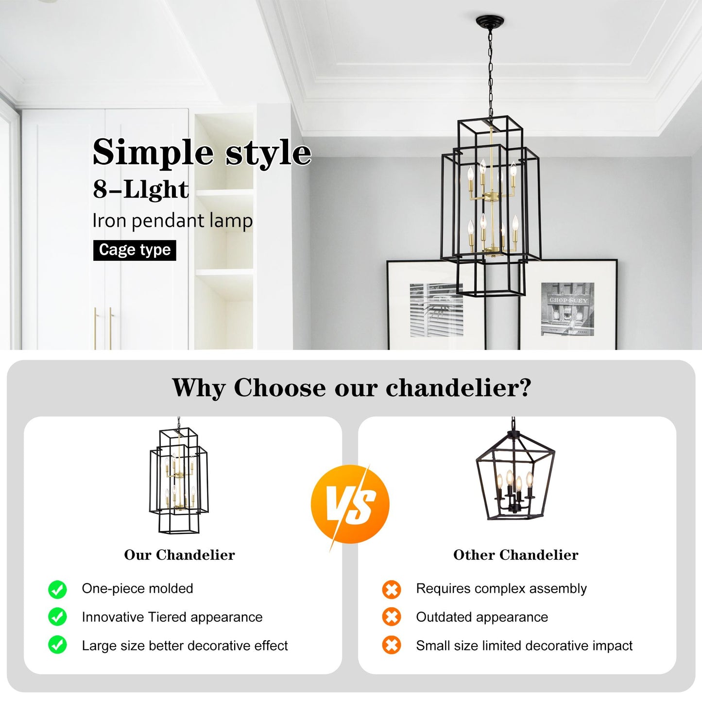 8-Light Metal Lantern Tiered Pendant Hanging Light Fixtures, Industrial Farmhouse Adjustable Height  Chandeliers for Dining Room Hallway Foyer Entryway--Matte Black & Gold(E12 Bulbs Not Included)
