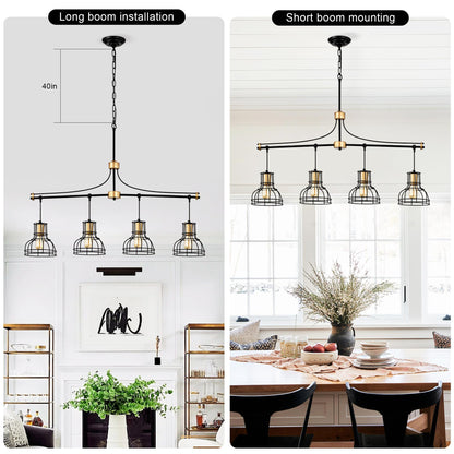 Dining Room Light Fixture/Chandelier Over Table, 40-Inch Hanging for Farmhouse Linear Chandeliers,4-Light Kitchen Island Lighting,Matte Black and Matte Gold Ceiling Chandelier,with Metal lampshade