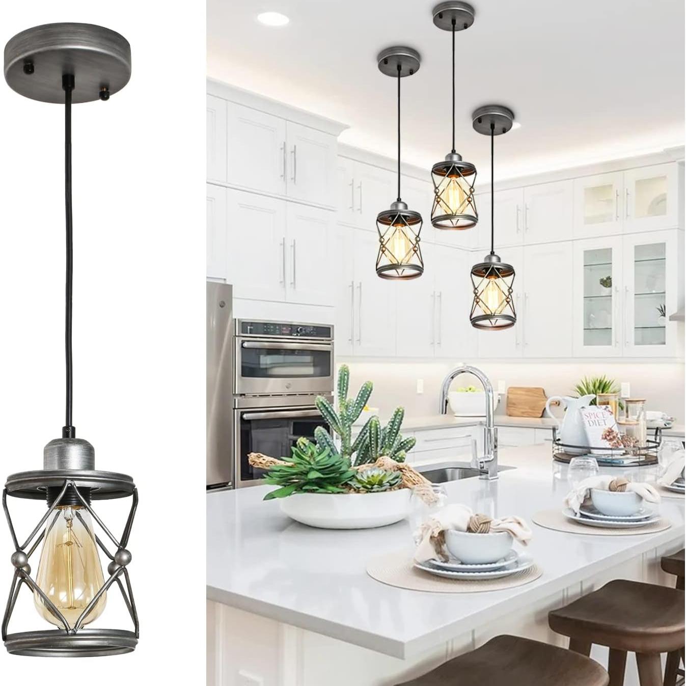 Industrial Pendant Lighting for Kitchen Island, Rustic Mini Cage Pendant Light, Farmhouse Pendant Lamp with Silver Grey Adjustable for Dining Room, Hallway, Entryway, Bedroom