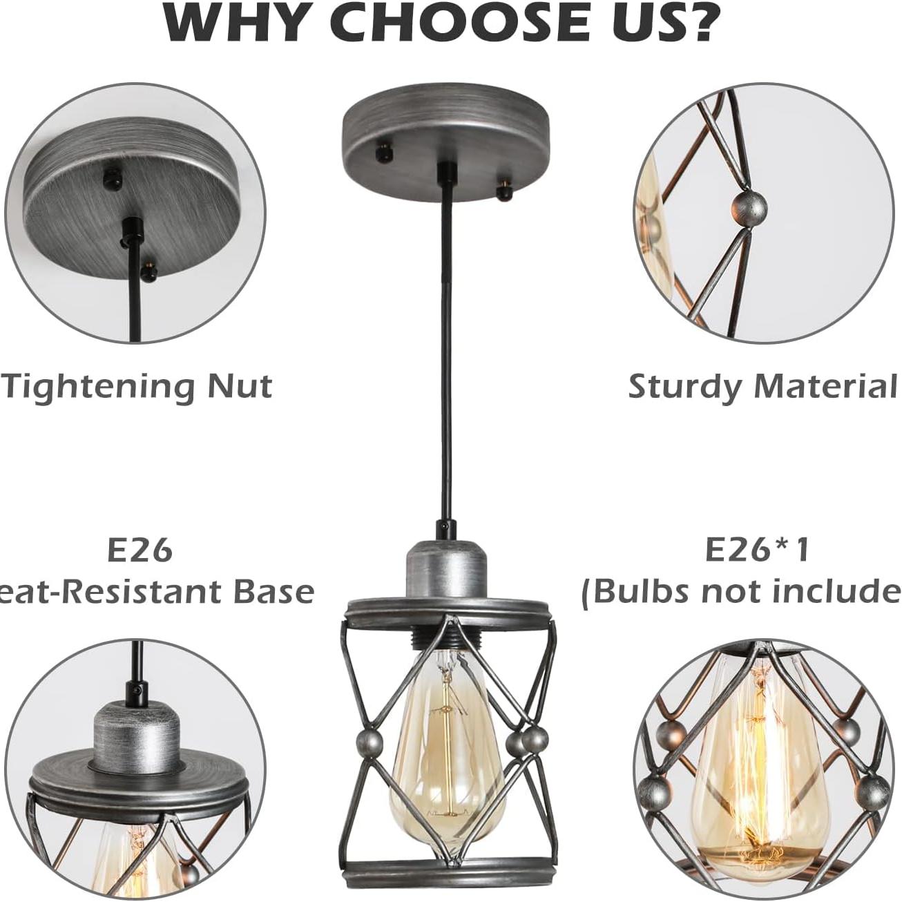 Industrial Pendant Lighting for Kitchen Island, Rustic Mini Cage Pendant Light, Farmhouse Pendant Lamp with Silver Grey Adjustable for Dining Room, Hallway, Entryway, Bedroom