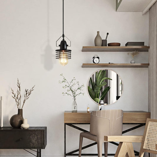 Industrial Black Pendant Light Metal Cage Pendant Lights Dining Room Hanging Lighting for Kitchen Island Living Room Bedroom Entryy Barn Farmhouse,Spring Shade,E26 Bulb(1 Light)