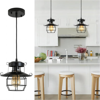 Vintage Farmhouse Pendant Light Rustic Metal Caged Pendant Lights Black Cage Hanging Lamp for Kitchen Island Entryy Bedrooms Living Room Barn, Adjustable Height, E26 Bulb(1 Light)
