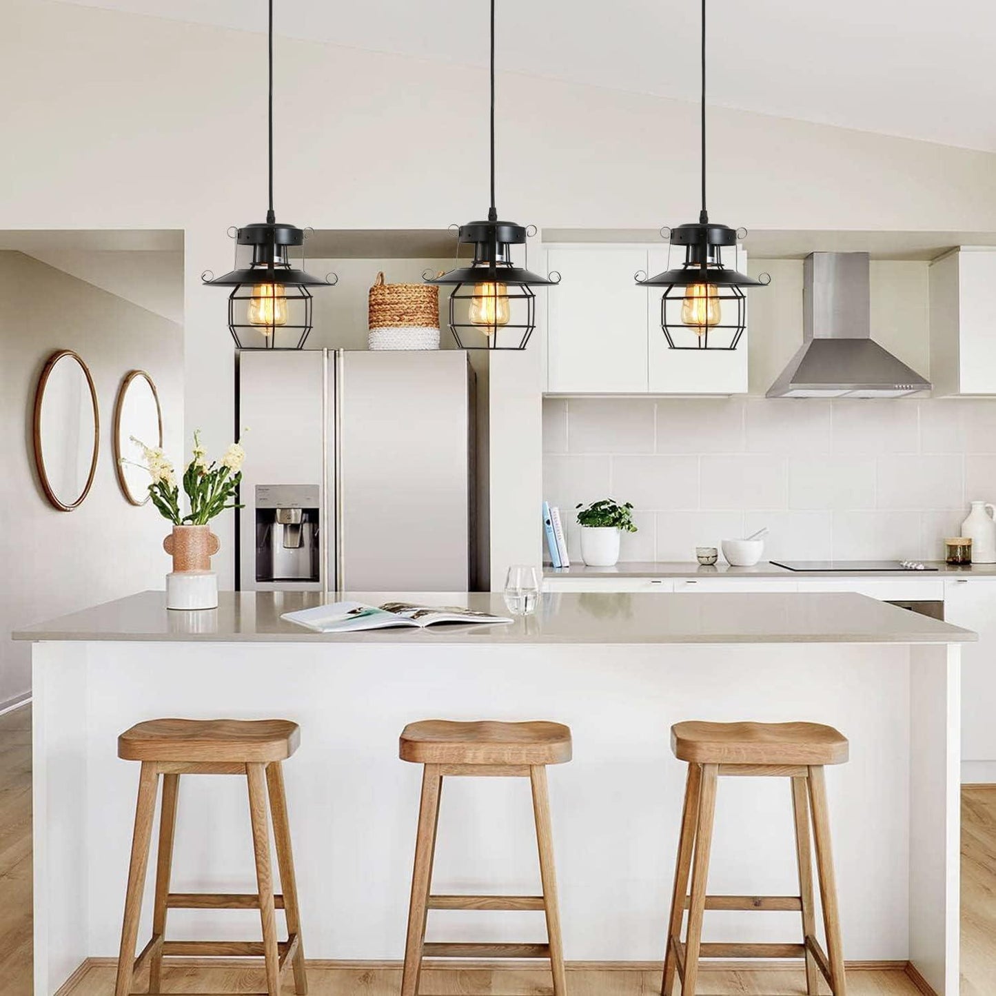 Vintage Farmhouse Pendant Light Rustic Metal Caged Pendant Lights Black Cage Hanging Lamp for Kitchen Island Entryy Bedrooms Living Room Barn, Adjustable Height, E26 Bulb(1 Light)