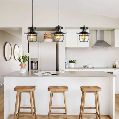 Vintage Farmhouse Pendant Light Rustic Metal Caged Pendant Lights Black Cage Hanging Lamp for Kitchen Island Entryy Bedrooms Living Room Barn, Adjustable Height, E26 Bulb(1 Light)