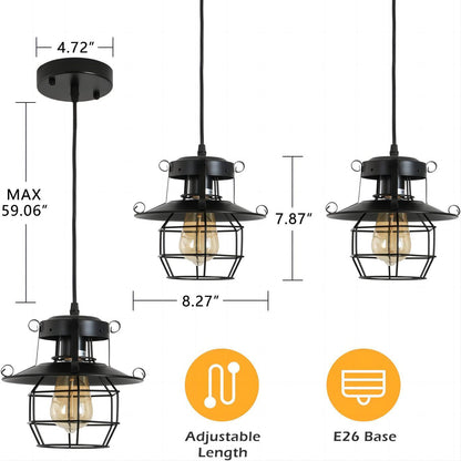 Vintage Farmhouse Pendant Light Rustic Metal Caged Pendant Lights Black Cage Hanging Lamp for Kitchen Island Entryy Bedrooms Living Room Barn, Adjustable Height, E26 Bulb(1 Light)