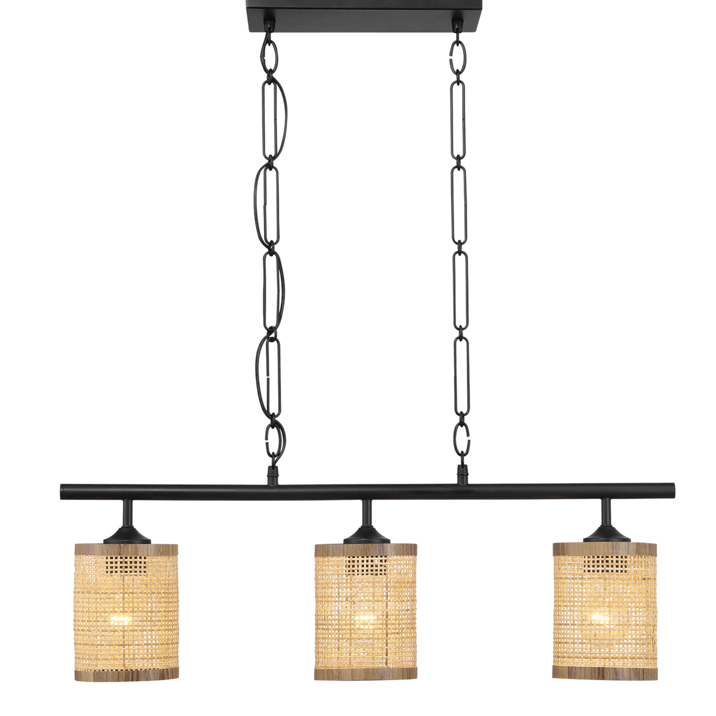 Elysian Three Lights Island With Natural Rattan Shade Farmhouse Chain Ceiling Lamp