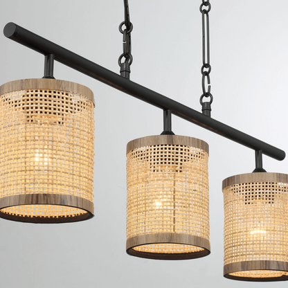Elysian Three Lights Island With Natural Rattan Shade Farmhouse Chain Ceiling Lamp