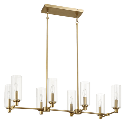 Willow Eight Lights Island With Clear Ribbed Glass Pendant Lamp - Satin Brass