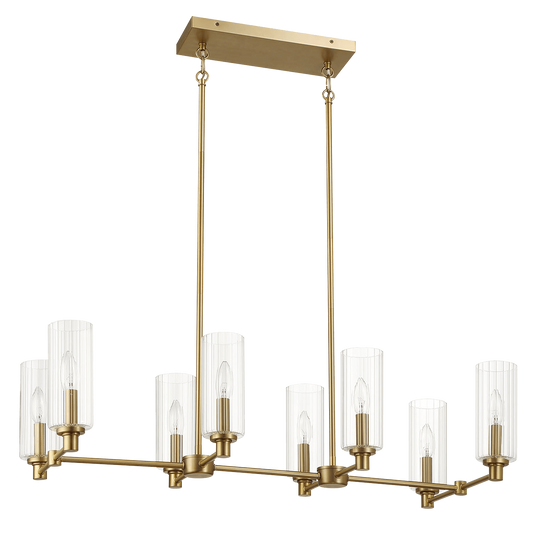 Willow Eight Lights Island With Clear Ribbed Glass Pendant Lamp - Satin Brass