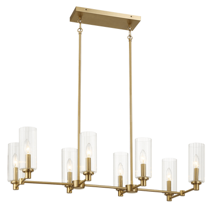 Willow Eight Lights Island With Clear Ribbed Glass Pendant Lamp - Satin Brass