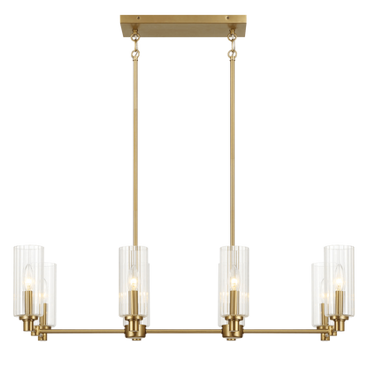 Willow Eight Lights Island With Clear Ribbed Glass Pendant Lamp - Satin Brass
