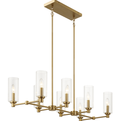 Willow Eight Lights Island With Clear Ribbed Glass Pendant Lamp - Satin Brass