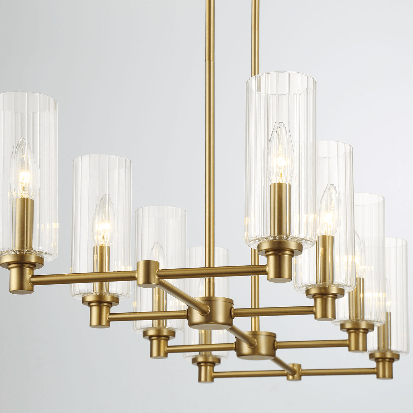 Willow Eight Lights Island With Clear Ribbed Glass Pendant Lamp - Satin Brass
