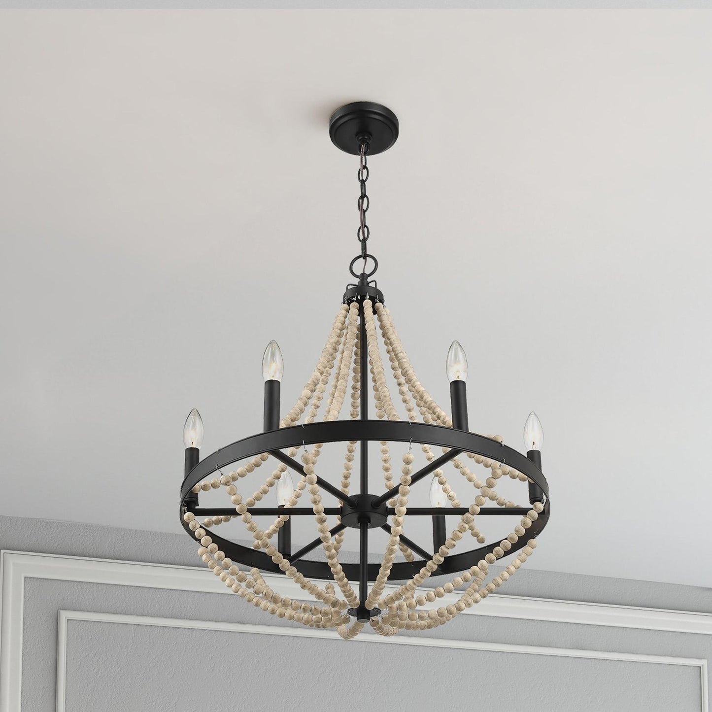 Starry Wood Chandelier Farmhouse Six Candle Light Wood Beaded Black Pendant Light for Dining Room