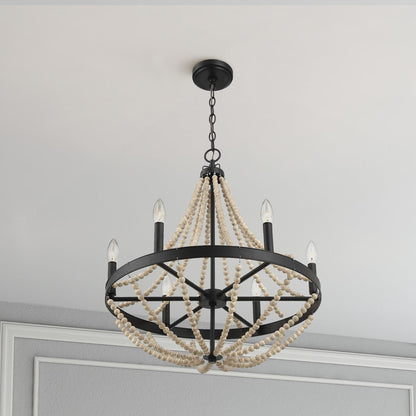 Starry Wood Chandelier Farmhouse Six Candle Light Wood Beaded Black Pendant Light for Dining Room