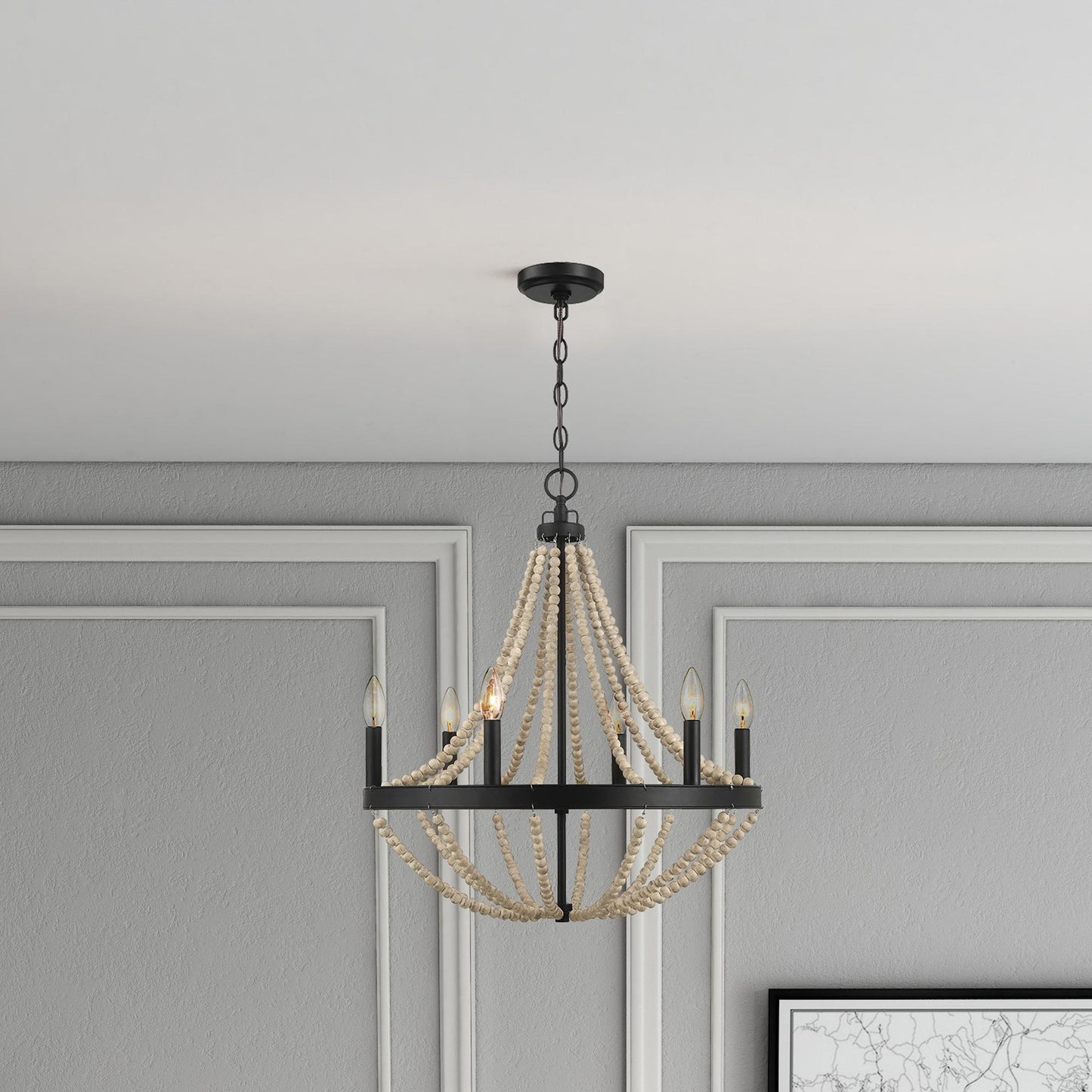 Starry Wood Chandelier Farmhouse Six Candle Light Wood Beaded Black Pendant Light for Dining Room
