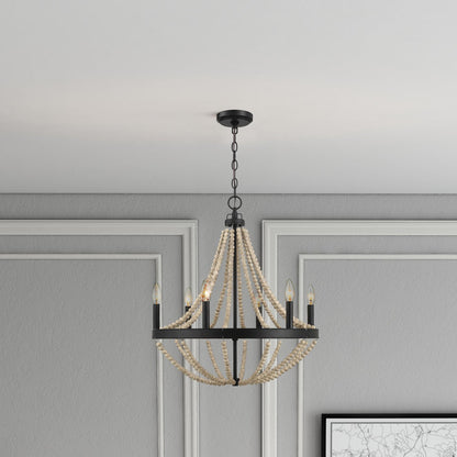 Starry Wood Chandelier Farmhouse Six Candle Light Wood Beaded Black Pendant Light for Dining Room