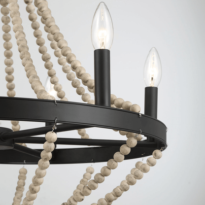 Starry Wood Chandelier Farmhouse Six Candle Light Wood Beaded Black Pendant Light for Dining Room