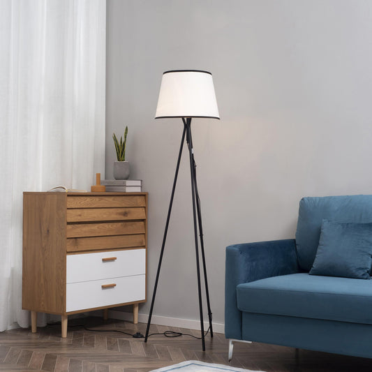 HOMCOM Modern Tripod Floor Lamp Free Standing Land Lamp w/ Steel Frame, Footswitch, Fabric Lampshade and E26 Base for Living Room, Bedroom, Office, Black