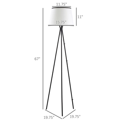 HOMCOM Modern Tripod Floor Lamp Free Standing Land Lamp w/ Steel Frame, Footswitch, Fabric Lampshade and E26 Base for Living Room, Bedroom, Office, Black