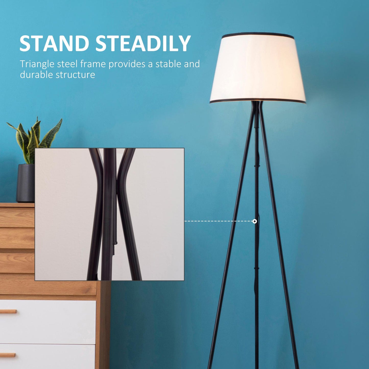 HOMCOM Modern Tripod Floor Lamp Free Standing Land Lamp w/ Steel Frame, Footswitch, Fabric Lampshade and E26 Base for Living Room, Bedroom, Office, Black