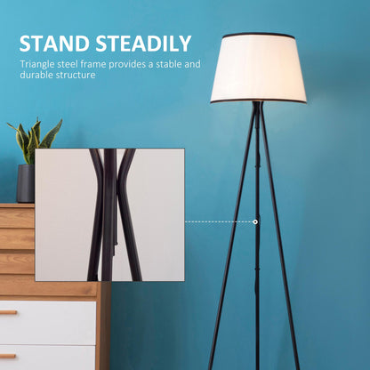 HOMCOM Modern Tripod Floor Lamp Free Standing Land Lamp w/ Steel Frame, Footswitch, Fabric Lampshade and E26 Base for Living Room, Bedroom, Office, Black