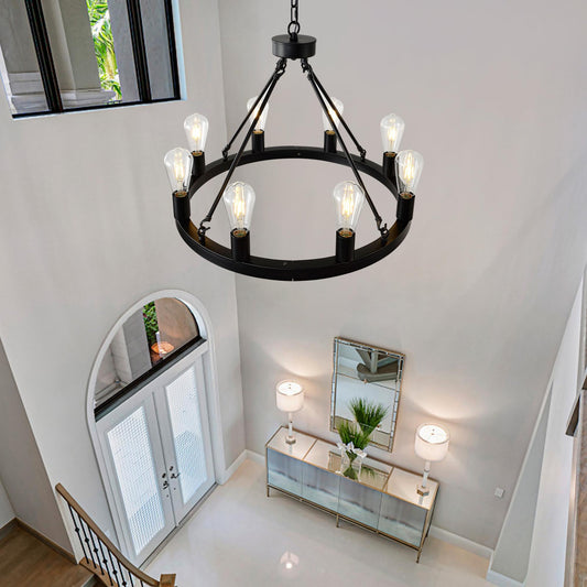 8-Light (No Bulbs) Matte Black Wagon Wheel Chandelier Farmhouse Modern Small  Round Chandelier for Living Room Kitchen Island Foyer Hallway Entryway Bedroom  Dining Room Light Fixture Ceiling Hanging
